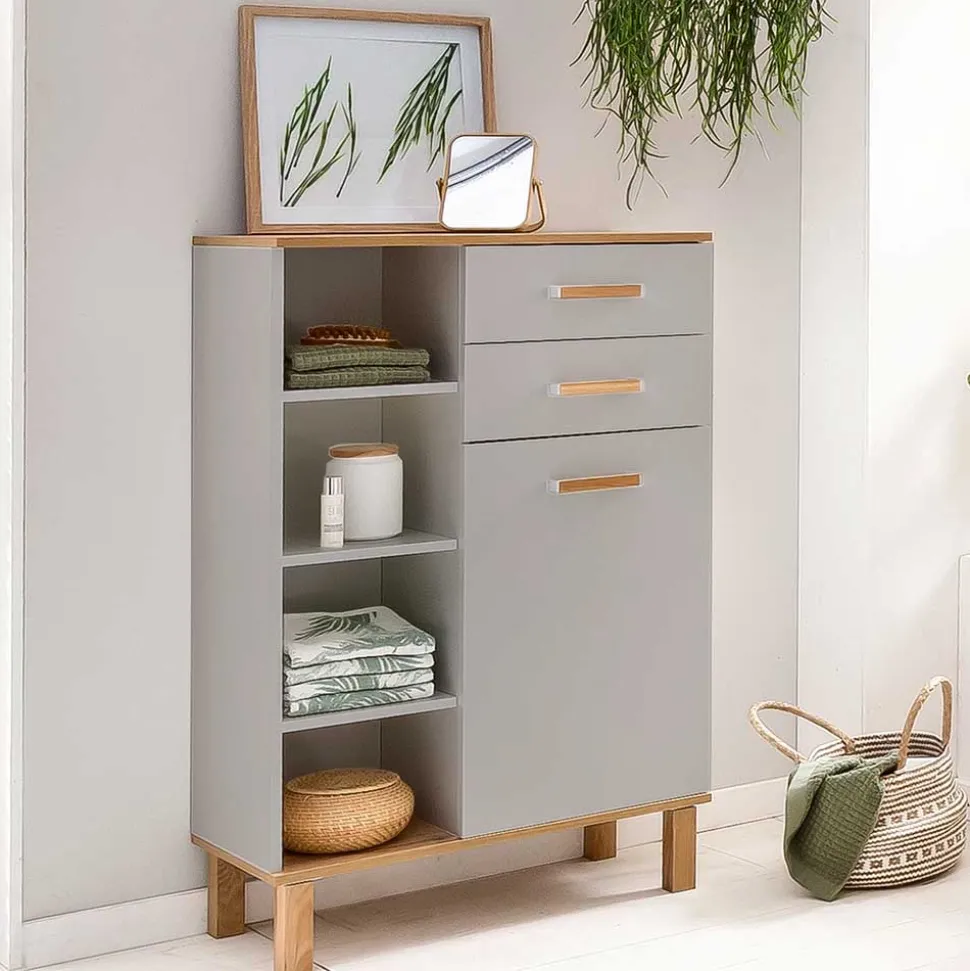 Bad Highboard in Platingrau und Eiche - Nienzo