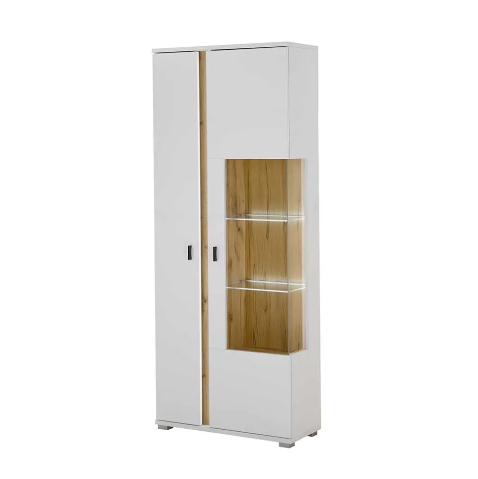 Beleuchtete Vitrine in Weiß mit Wildeiche - Racelyn