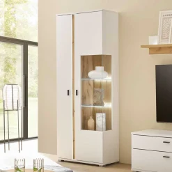 Beleuchtete Vitrine in Weiß mit Wildeiche - Racelyn