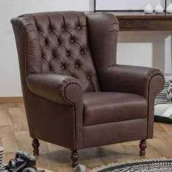 Brauner Federkernsessel mit Lederbezug - Chesterfield - Esmea