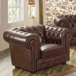 Brauner Ledersessel im Chesterfield Look - Pluna