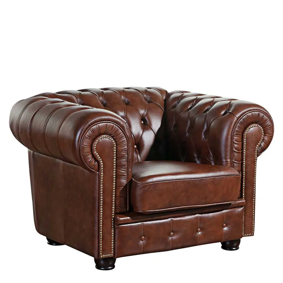 Brauner Ledersessel im Chesterfield Look - Pluna