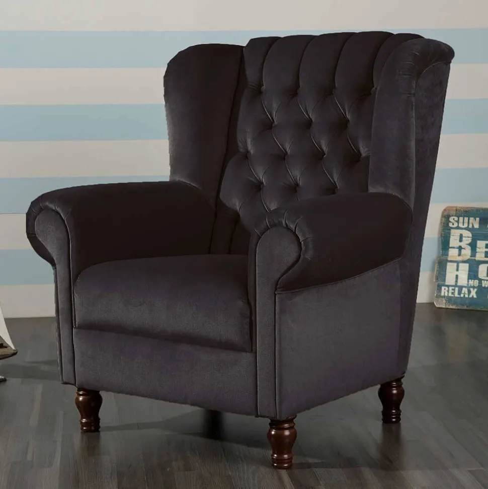 Chesterfield Ohrenbackensessel in Schwarz - Narissa