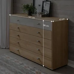 141cm 5 Schubladen Kommode in Eiche & Beige - Emdsiva
