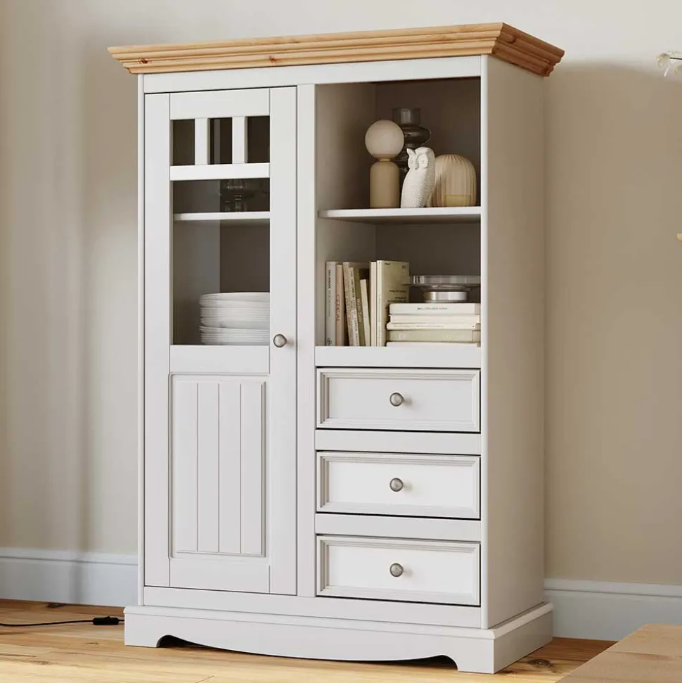 Country Style Highboard in Weiß & Kiefer Natur - Vitablo