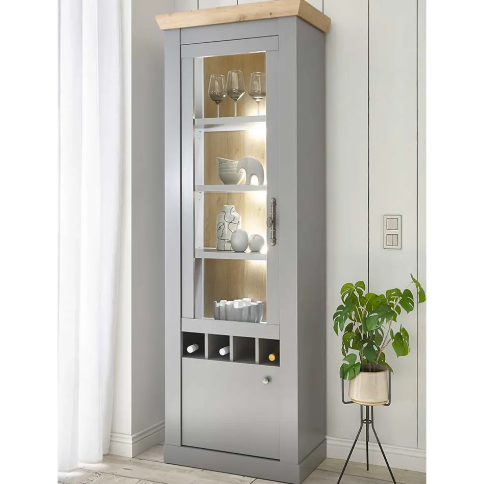 Country Vitrine in Lichtgrau & Eiche Optik - Buleta