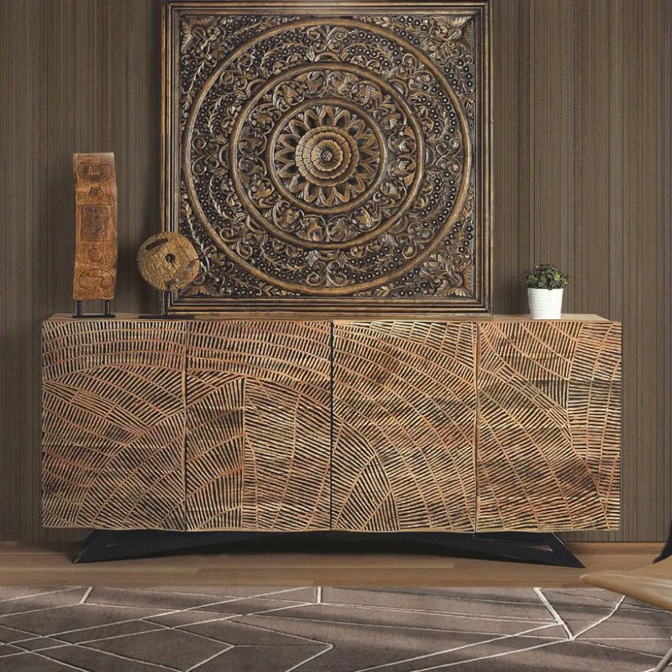 Design Sideboard aus Akazienholz mit Schnitzerei - Merlan