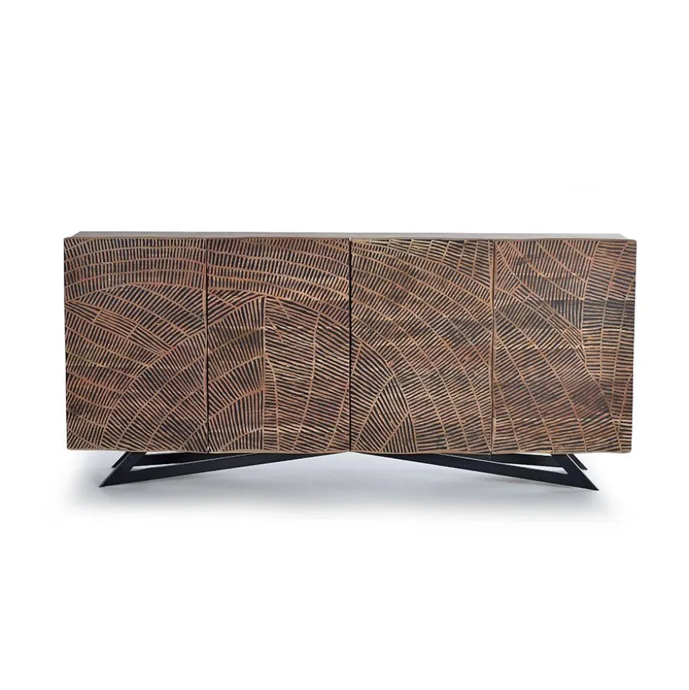 Design Sideboard aus Akazienholz mit Schnitzerei - Merlan