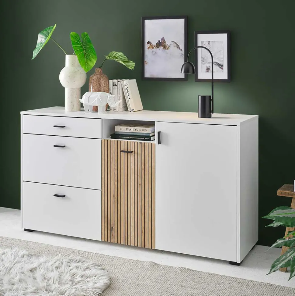 Design Sideboard in Mattweiß mit Wildeiche - Nenaloro
