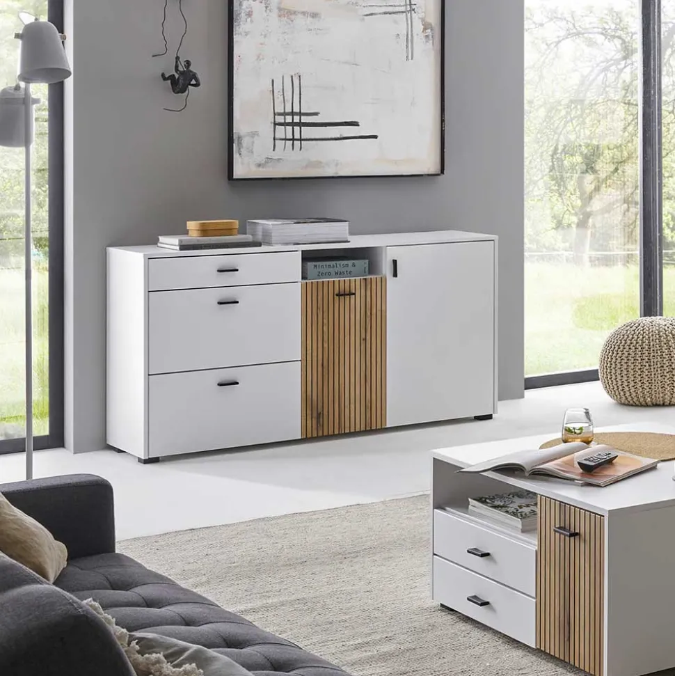 Design Sideboard in Mattweiß mit Wildeiche - Nenaloro