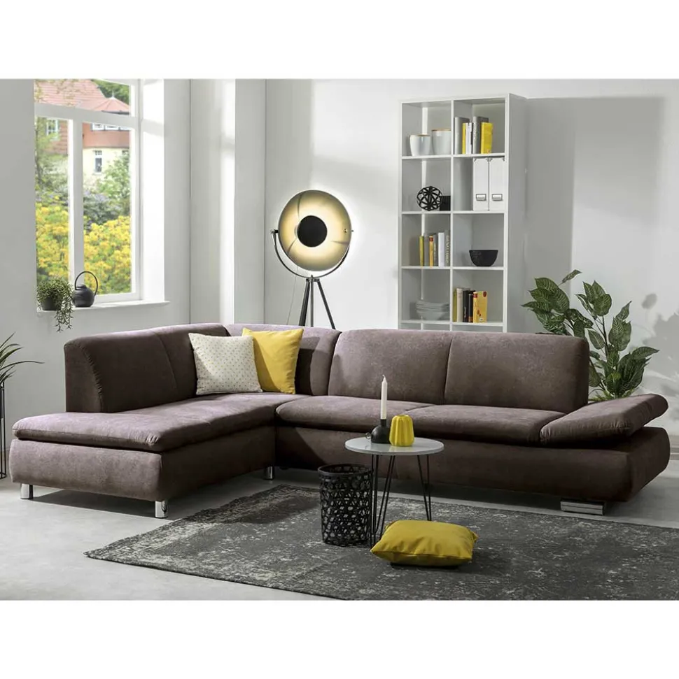 Dreisitzer Ecksofa in Dunkelbraun mit Chrom - Sona