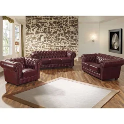 Dunkelrote Ledergarnitur im Chesterfield Look - Tuguda (dreiteilig)