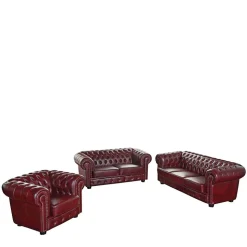 Dunkelrote Ledergarnitur im Chesterfield Look - Tuguda (dreiteilig)
