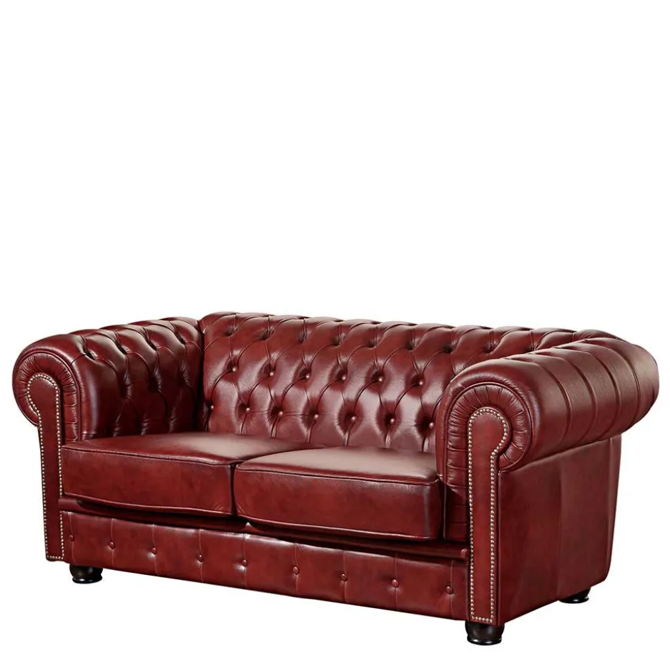Dunkelrote Ledergarnitur im Chesterfield Look - Tuguda (dreiteilig)