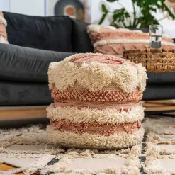 Fransiger Pouf in Altrosa mit Cremeweiß - Ornuva