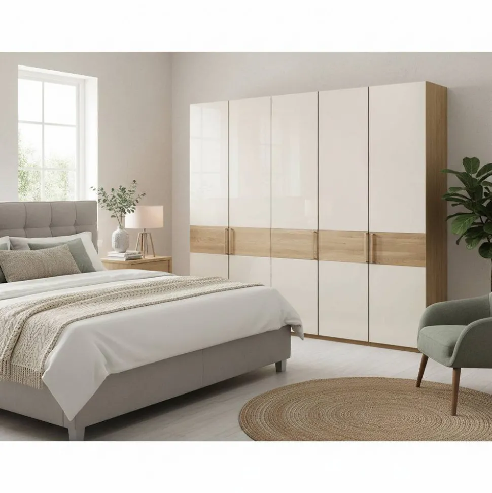 Glasfront Kleiderschrank in Beige & Eiche - Emdsiva