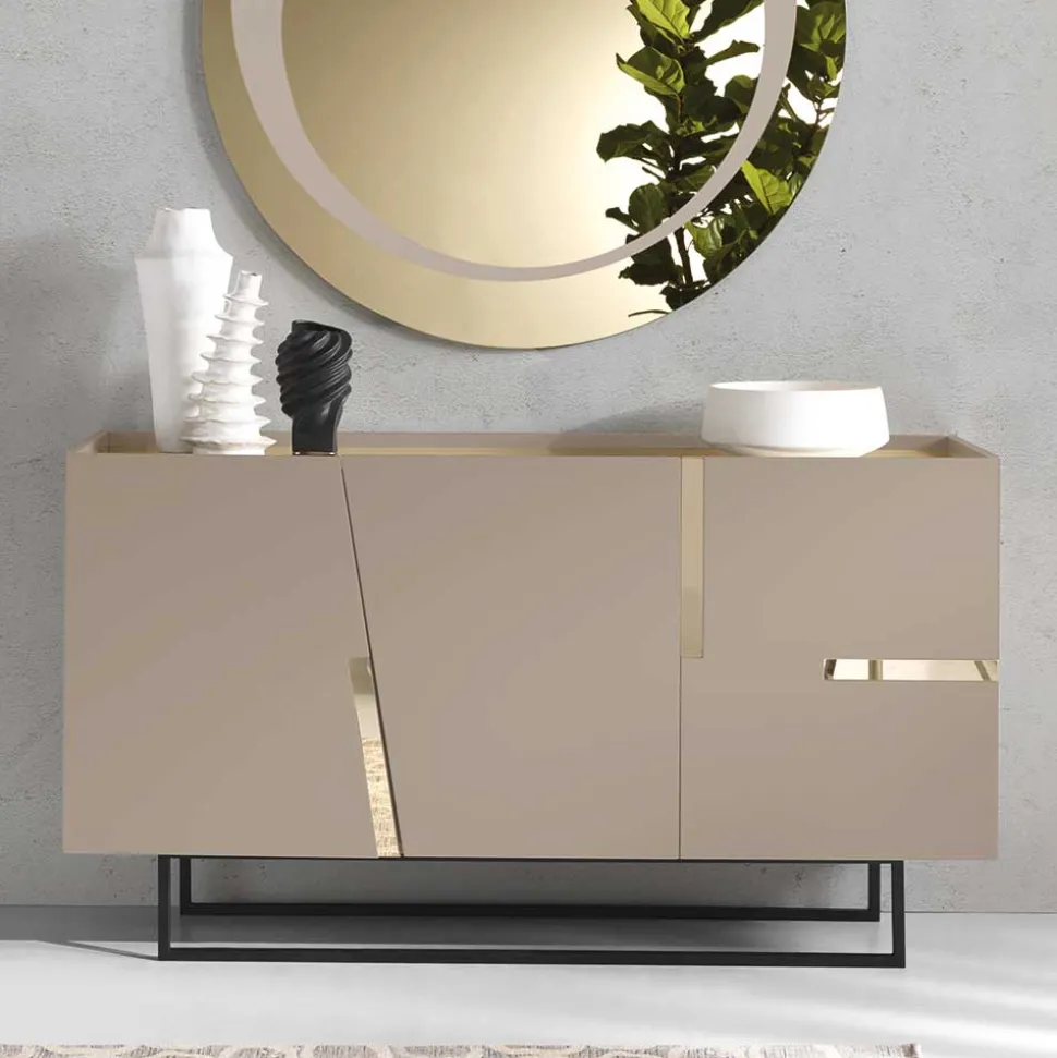 Große Kommode in Taupe mit Spiegel in Bronze - Fashiona