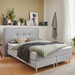 H3 Boxspringbett in Hellgrau Stoff & Chrom - Tuwedia