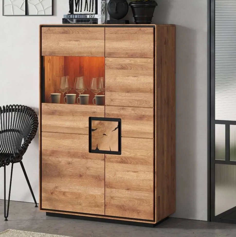 Highboard Vitrine aus Wildeiche Massivholz - Shipper