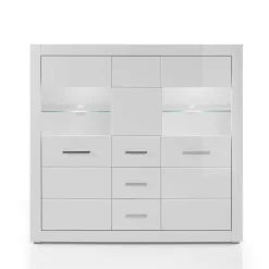 Hochglanz Highboard in Weiß mit Glas Yulis 3-türig