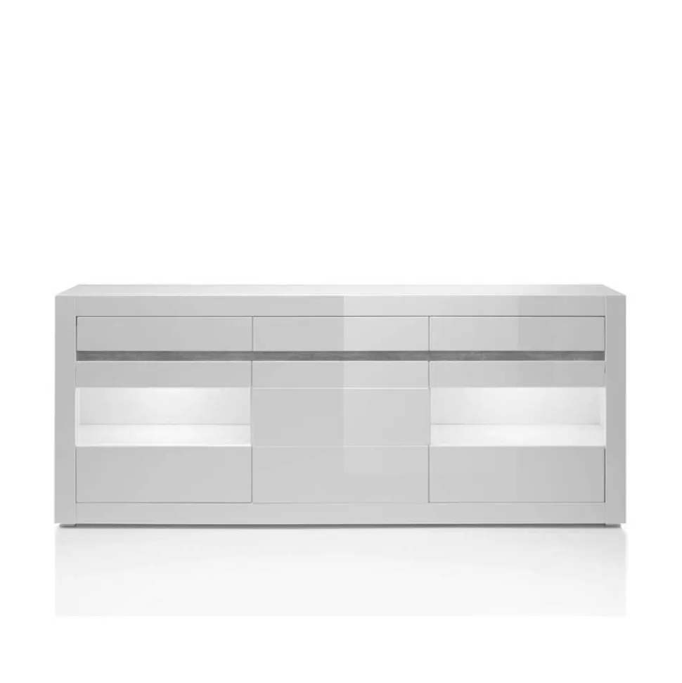 Hochglanz Sideboard in Weiß mit 2 Glaseinsätzen Mextra & Beton Dekor