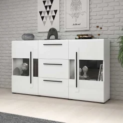 Hochglanz Sideboard mit Glas in Weiß - Baranoma