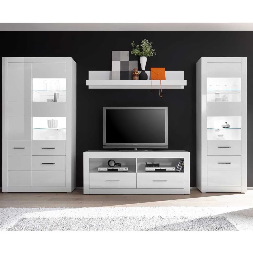 Hochglanz TV Anbauwand in Weiß Yulis optional mit LED (vierteilig)