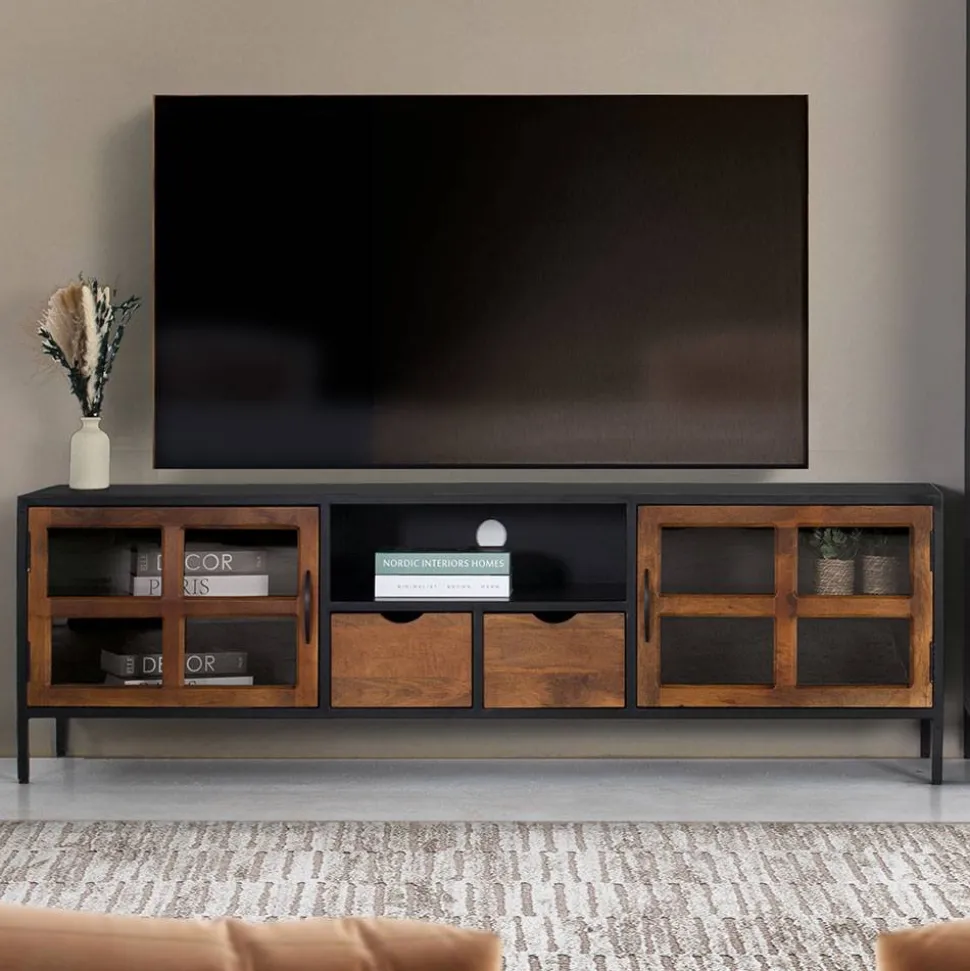 Industrial TV Kommode mit Glastüren - Hayato