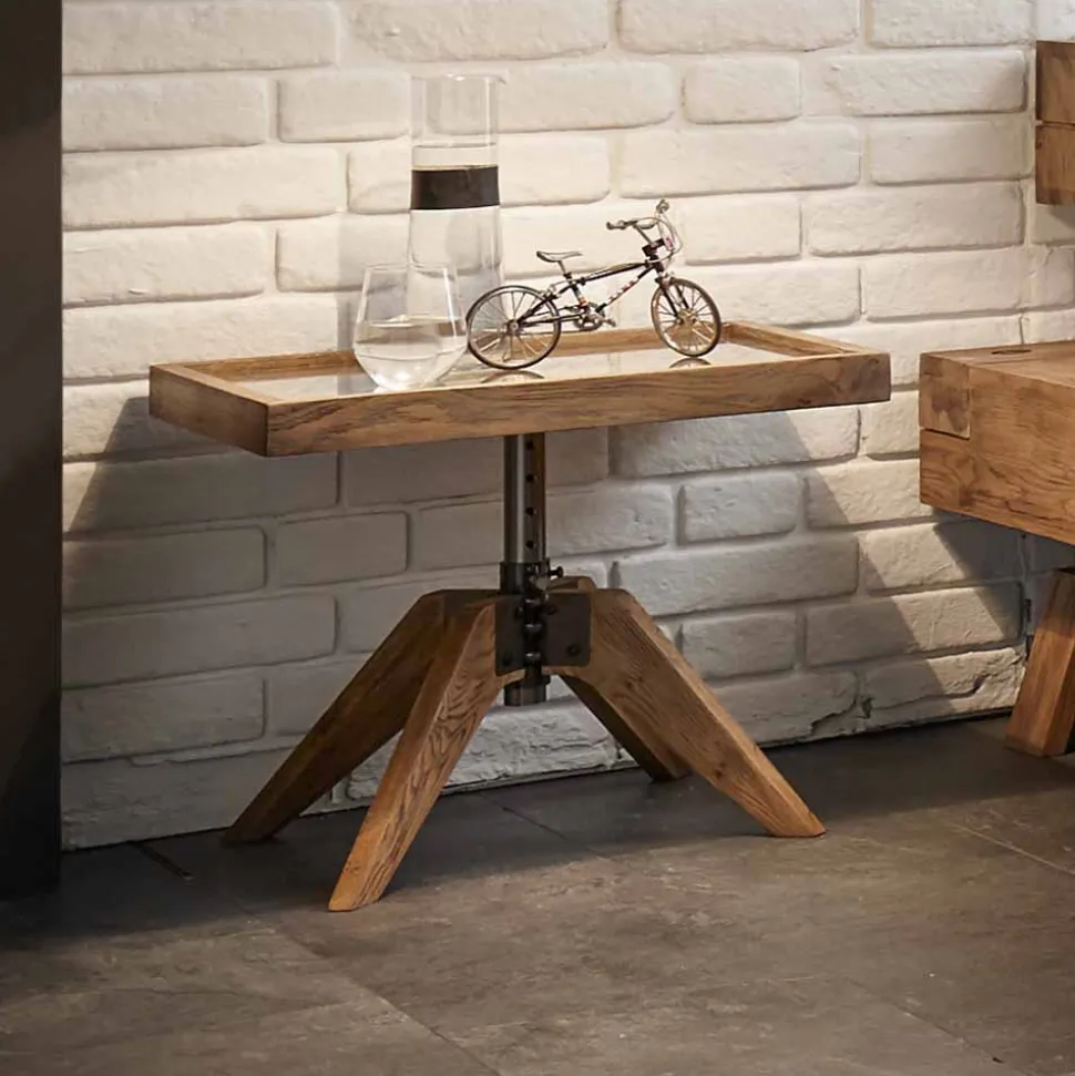 Industry Style Nachttisch Budelli aus Wildeiche massiv Glas Metall