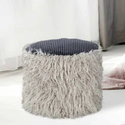 Kunstfell Pouf in Hellgrau mit Cord Dunkelgrau - Valbera