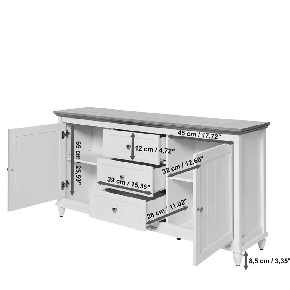 Landhaus Sideboard in Weiß und Eiche - Smaly