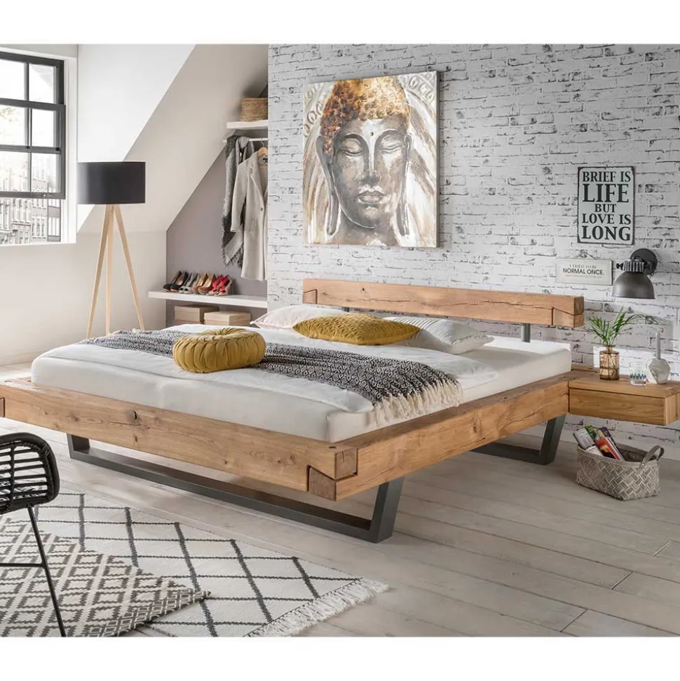 Loft Balkenbett mit 2 Hänge-Nachttischen Basiclicata aus Wildeiche (dreiteilig)