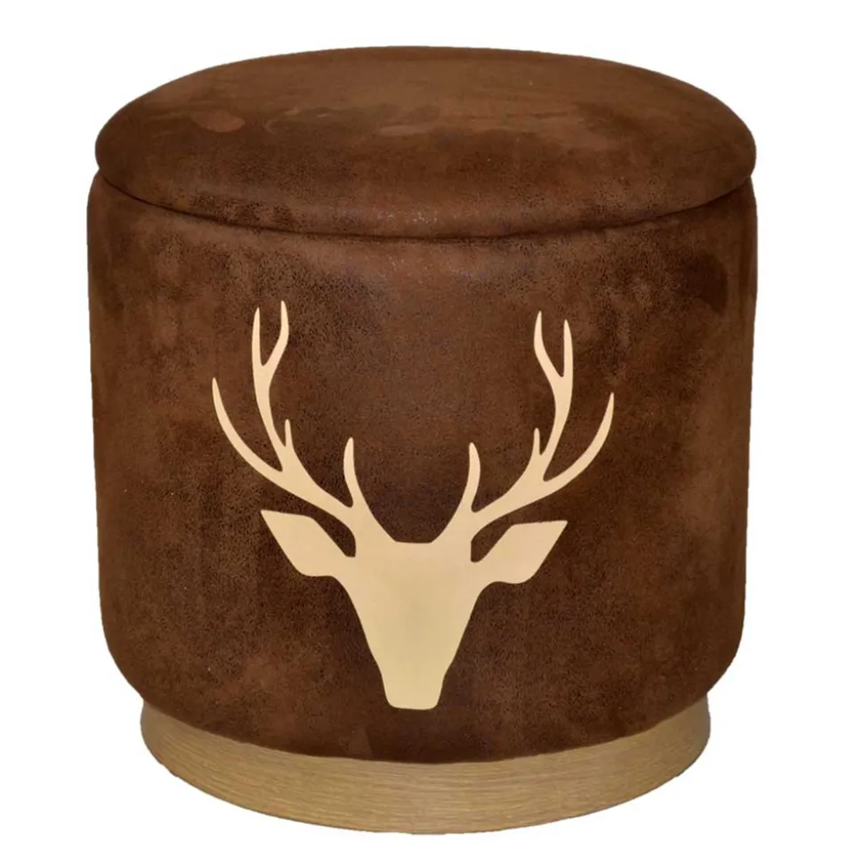 Microfaser Hocker in Braun mit Hirsch Kopf - Arnhild
