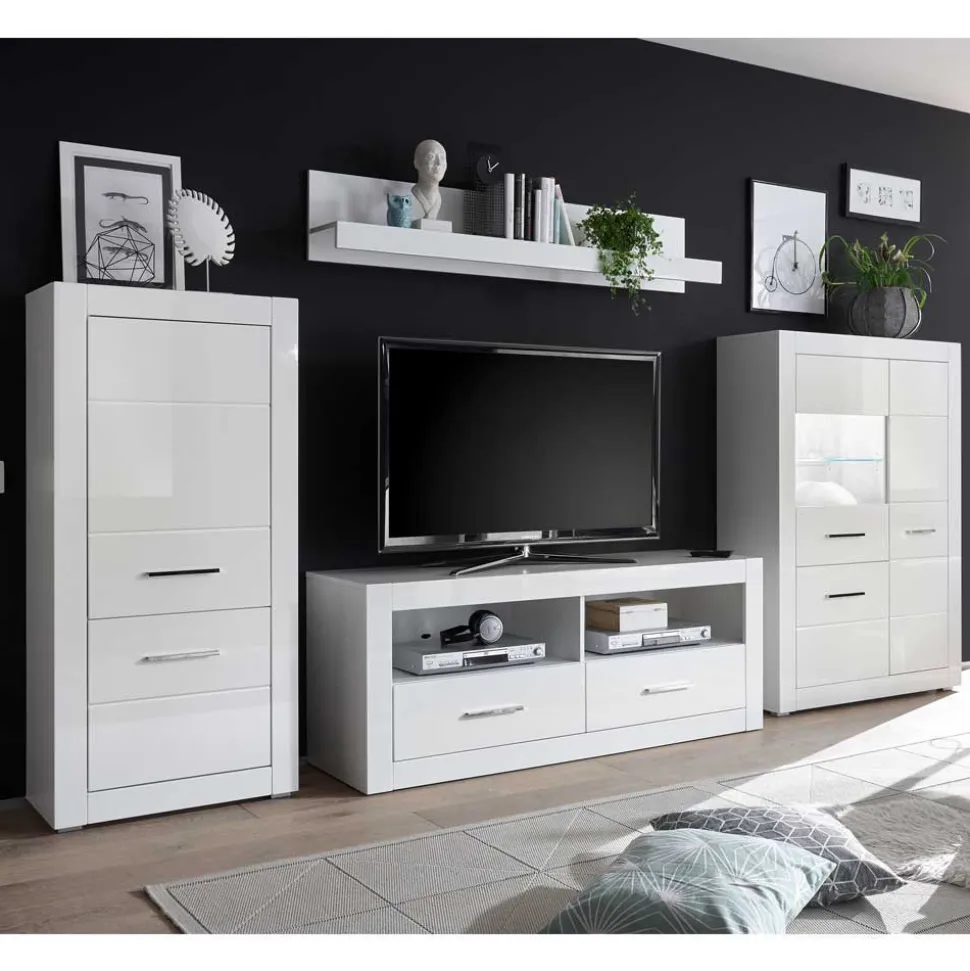 Moderne Wohnkombination in Hochglanz Weiß Yulis 315cm breit (vierteilig)