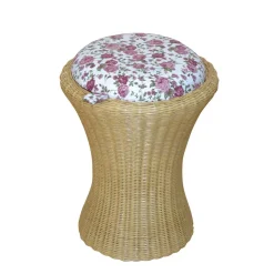 Rattan Wäschekorb & Hocker Ambros mit Polster Blumen-Motiv