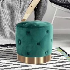 Runder Hocker in Grün Samt & Gold Metall - Emiato