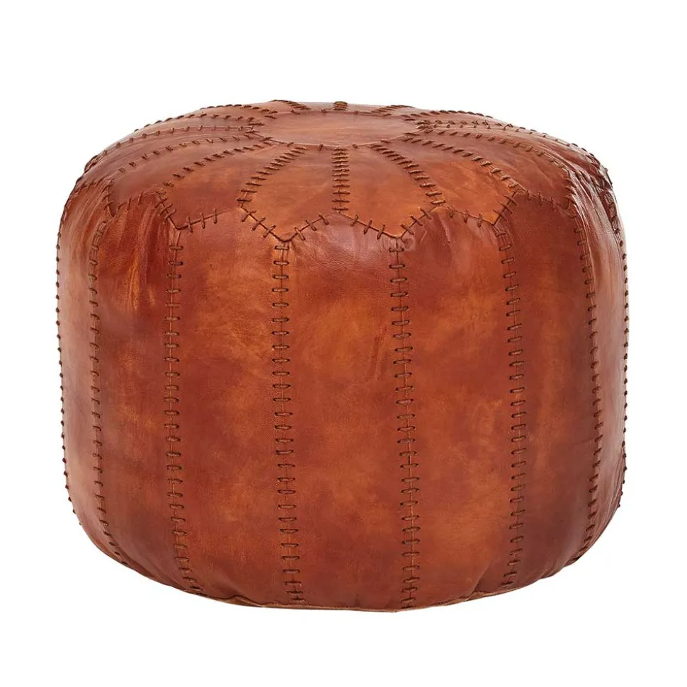 Runder Lederhocker in Cognac Braun - Fernandez