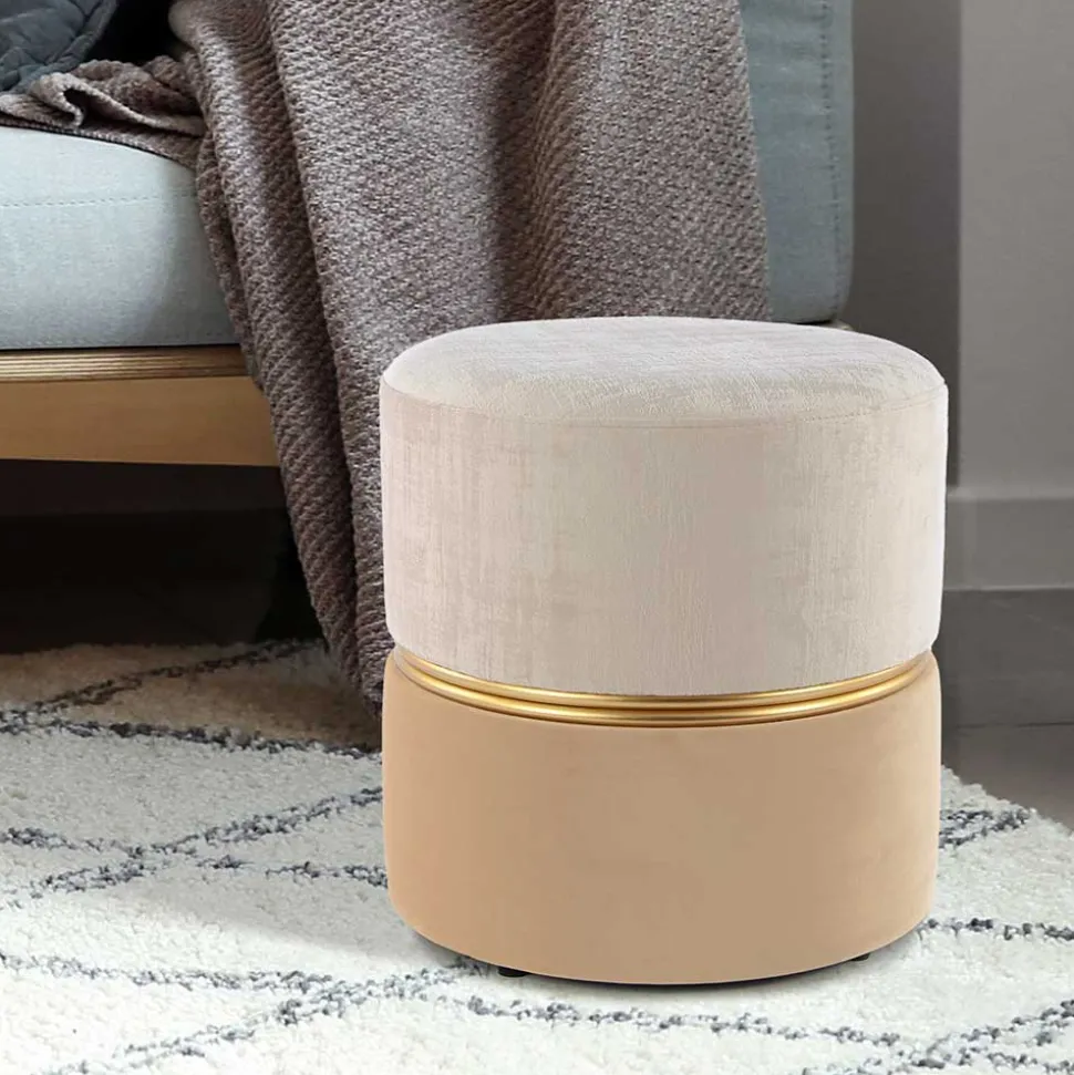 Runder Samthocker in Creme & Beige & Gold - Charlie