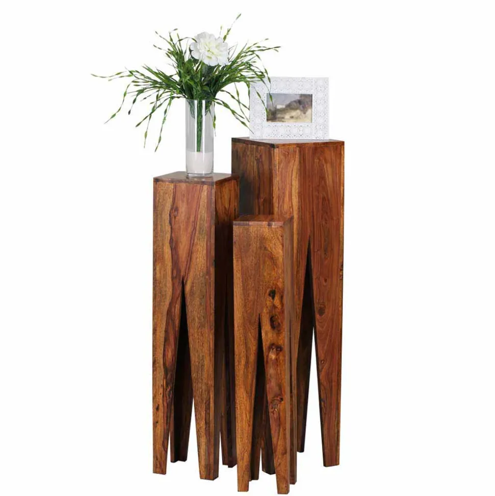 Rustikale Holz Blumensäule Set Pisinon aus Sheesham (dreiteilig)