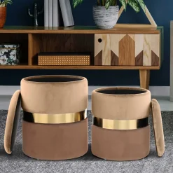 Samt Hocker Set in Hellbraun & Braun - Valerana (zweiteilig)