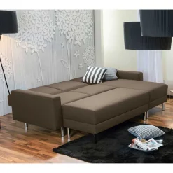 Schlafcouch mit Hocker in Beigegrau mit Chrom - Defelira (zweiteilig)