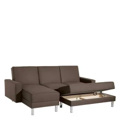 Schlafcouch mit Hocker in Beigegrau mit Chrom - Defelira (zweiteilig)