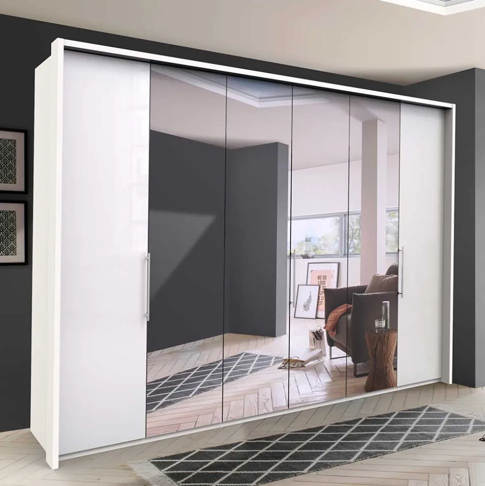 Schlafzimmerschrank mit Spiegel & Glas Front in Weiß - Dolienca