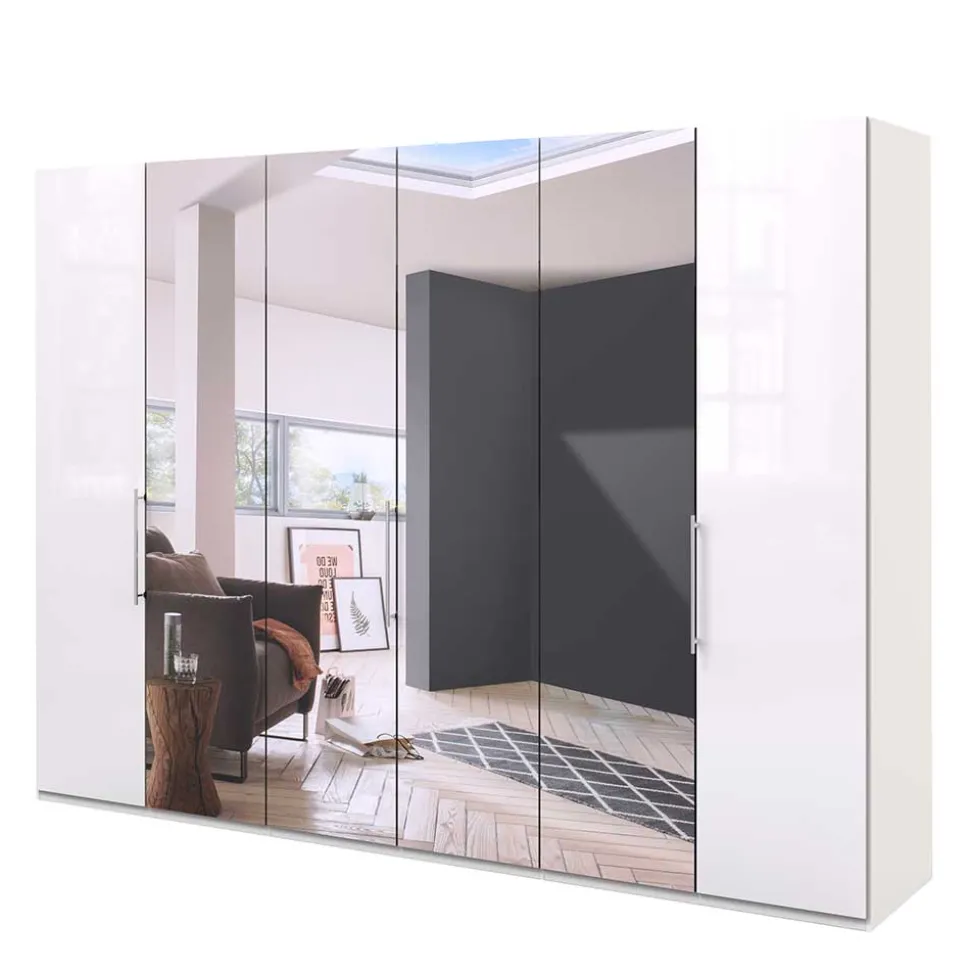 Schlafzimmerschrank mit Spiegel & Glas Front in Weiß - Dolienca