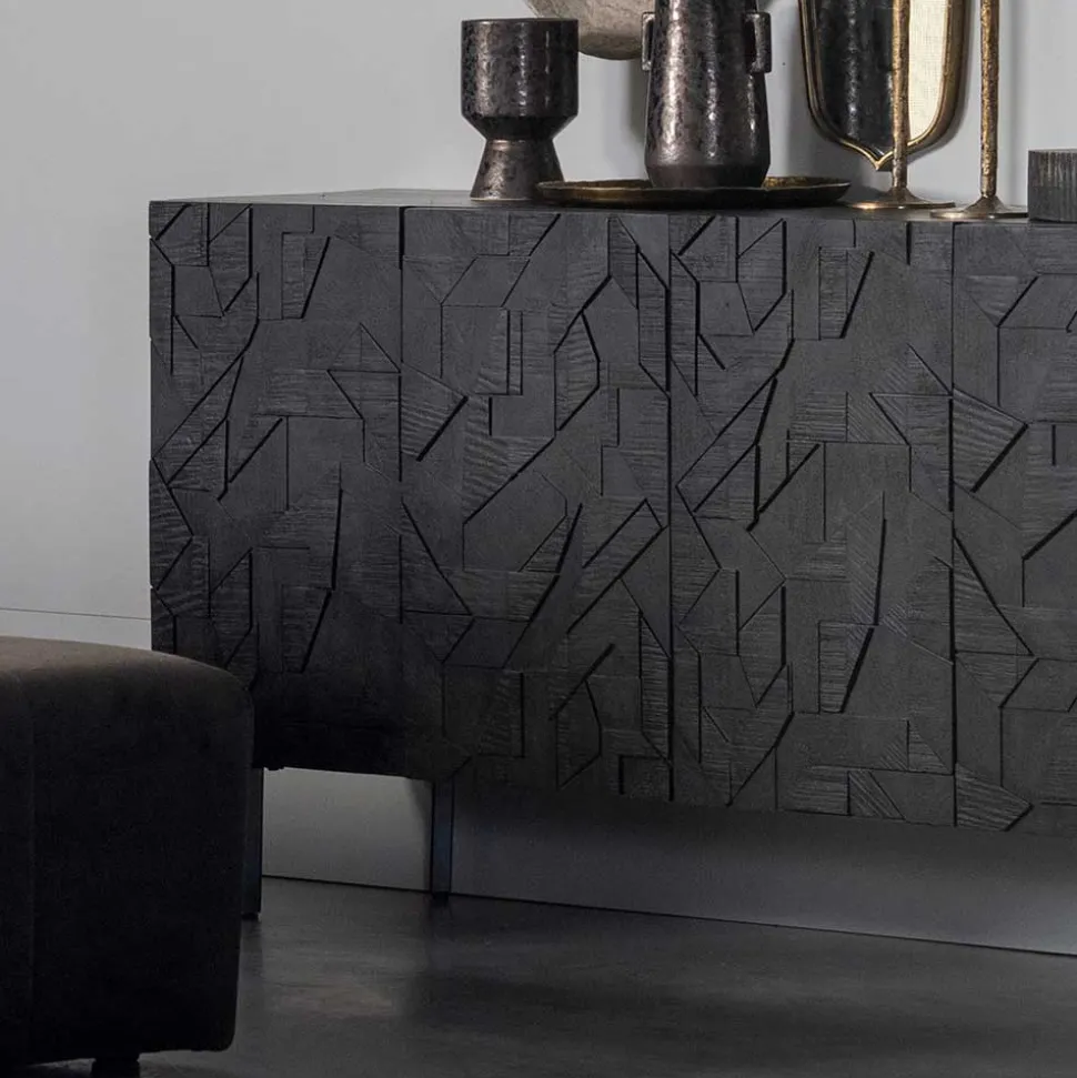 Schwarzes Sideboard mit Schnitzereien Front - Eiken