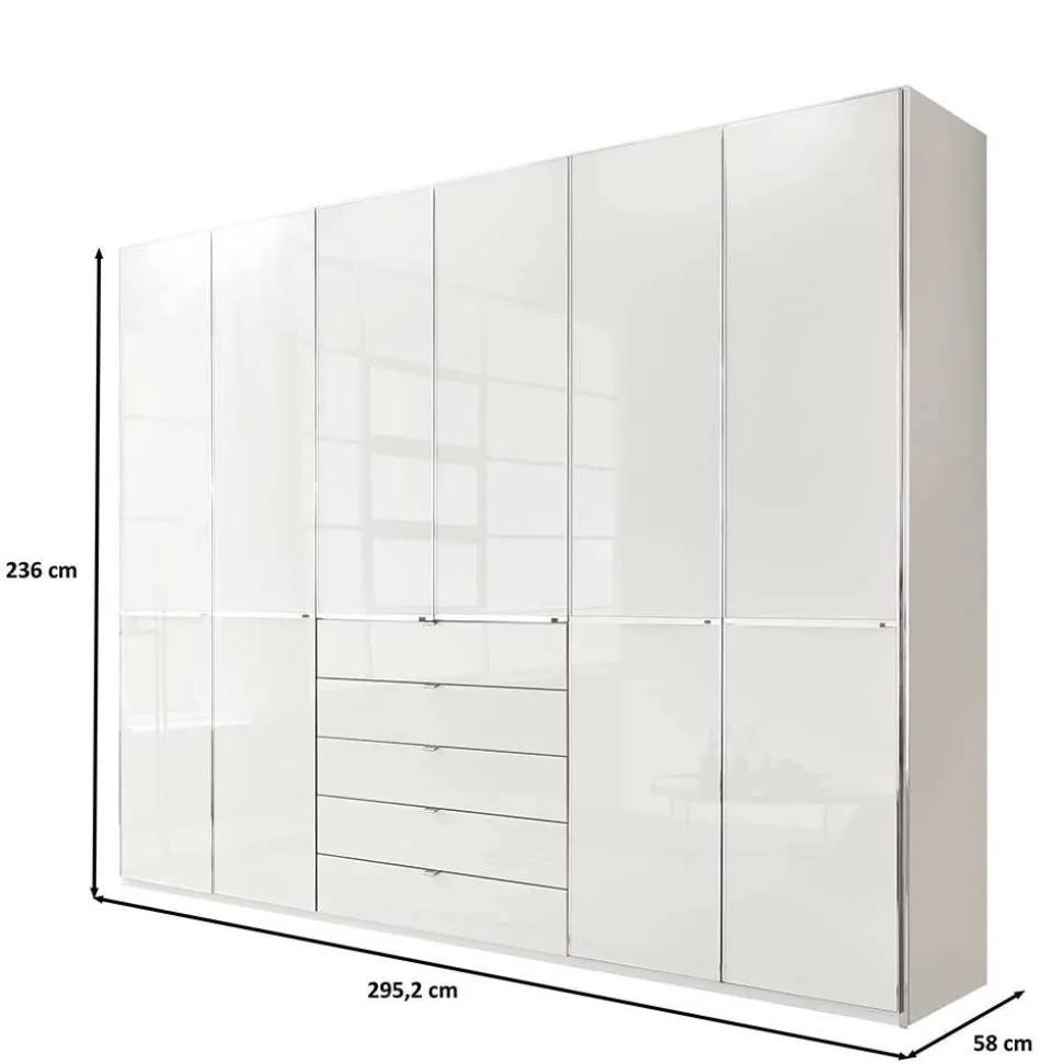 6-türiger Schlafzimmerschrank in Weiß Glasfront - Rocca