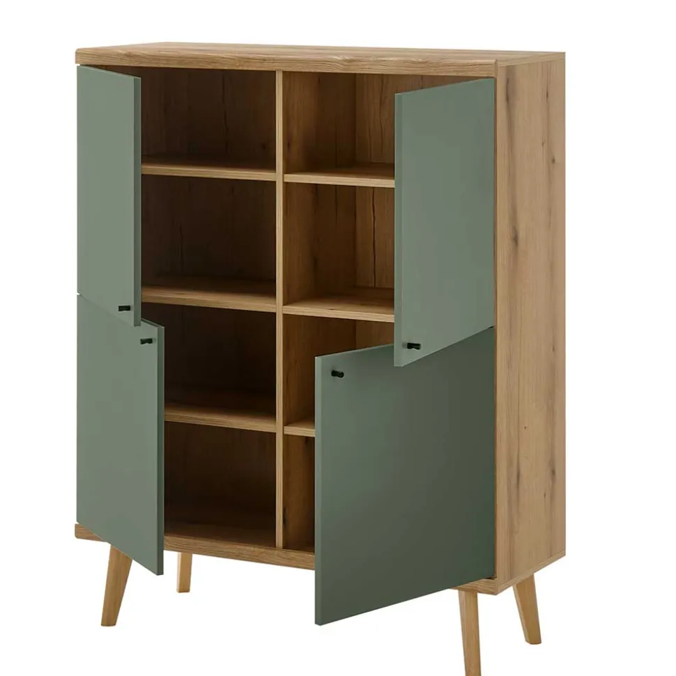4-türiges Highboard in Graugrün und Wildeiche - Oliva