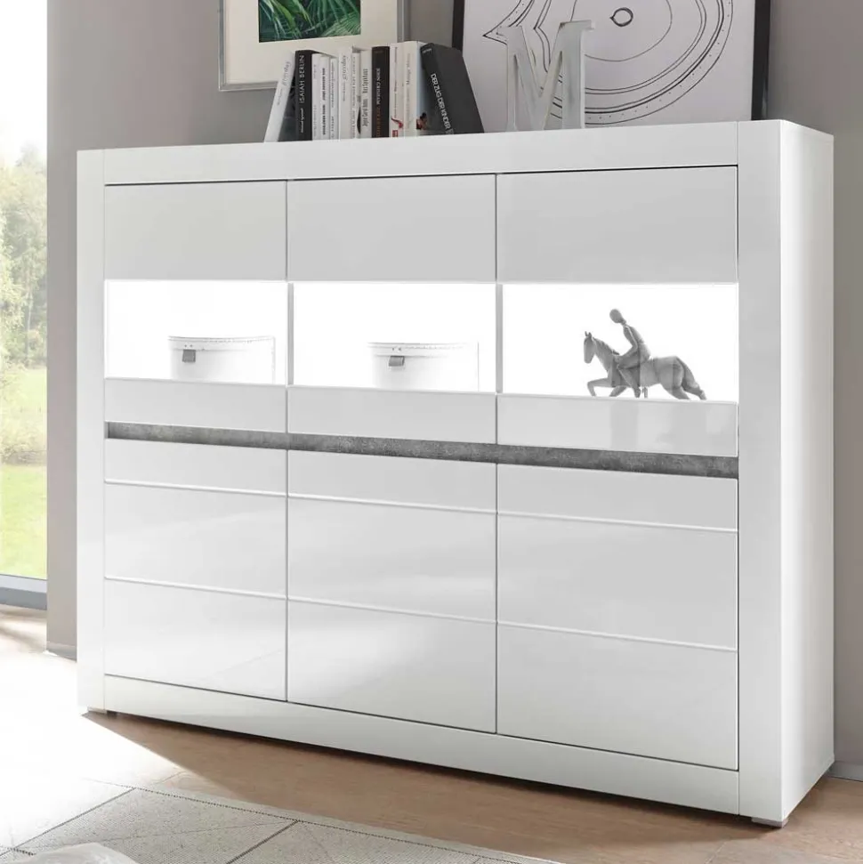6-türiges Highboard in Weiß Hochglanz Mextra & Beton Dekor