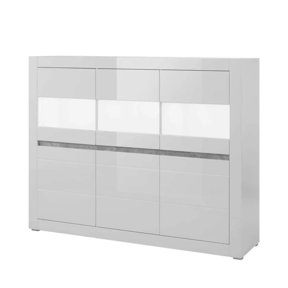 6-türiges Highboard in Weiß Hochglanz Mextra & Beton Dekor