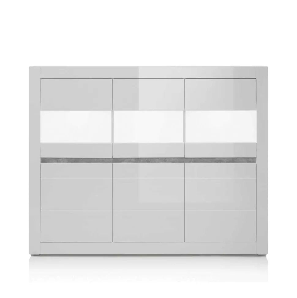 6-türiges Highboard in Weiß Hochglanz Mextra & Beton Dekor